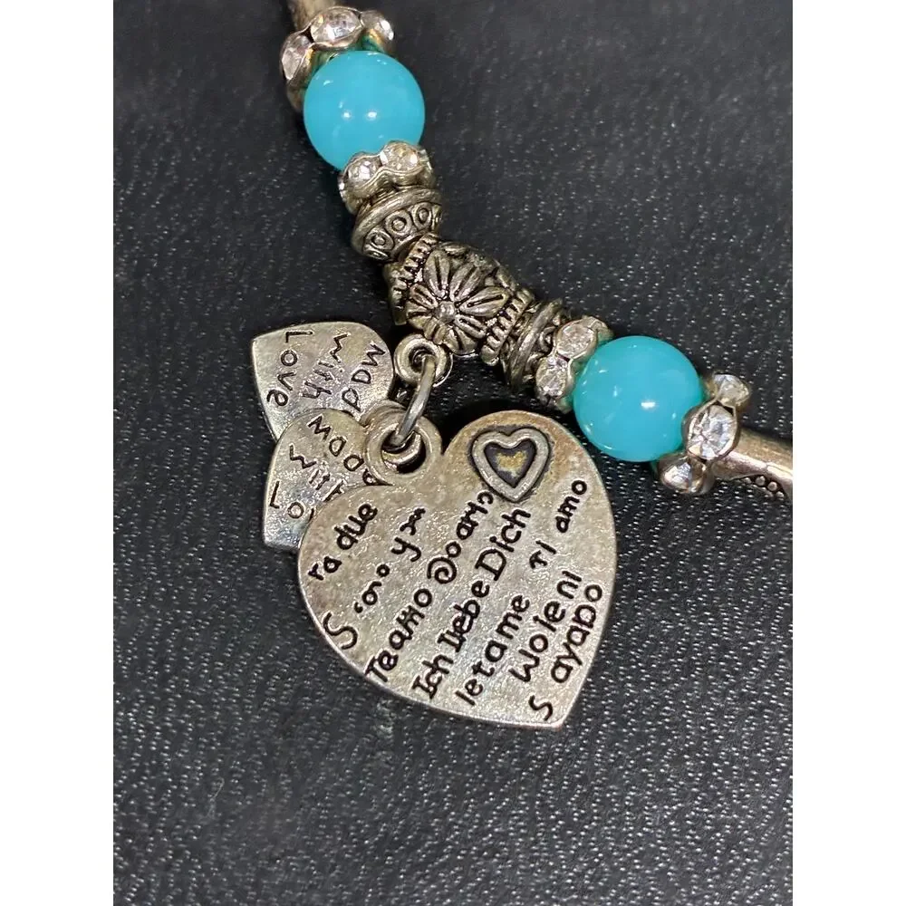Turquoise Charm Bracelet with “I Love You” Heart Charms – Made with Love, Boho